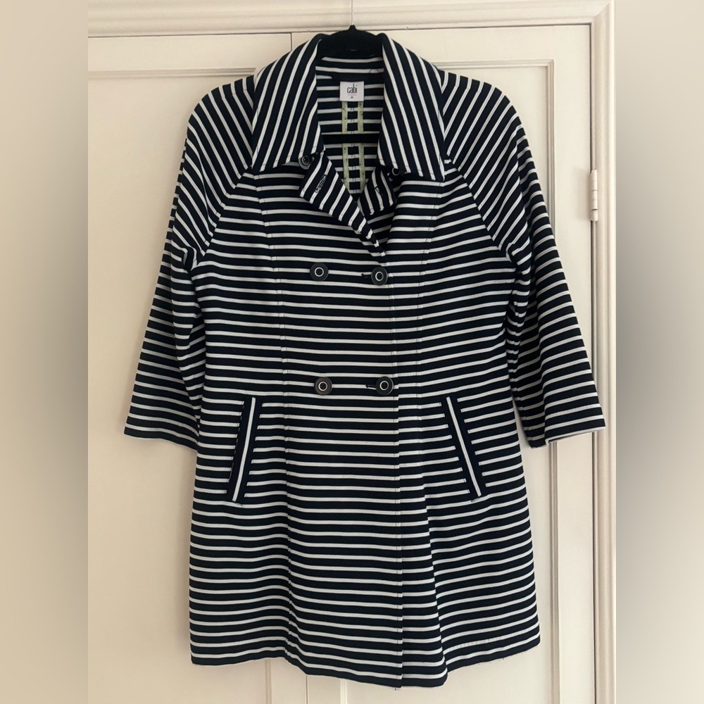 CAbi Maritime Trench Coat Jacket Medium Striped Navy & White Stretch